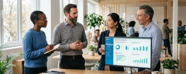 Une équipe de quatre professionnels regarde ensemble un grand écran affichant des graphiques de projet et des indicateurs de performance dans un bureau lumineux