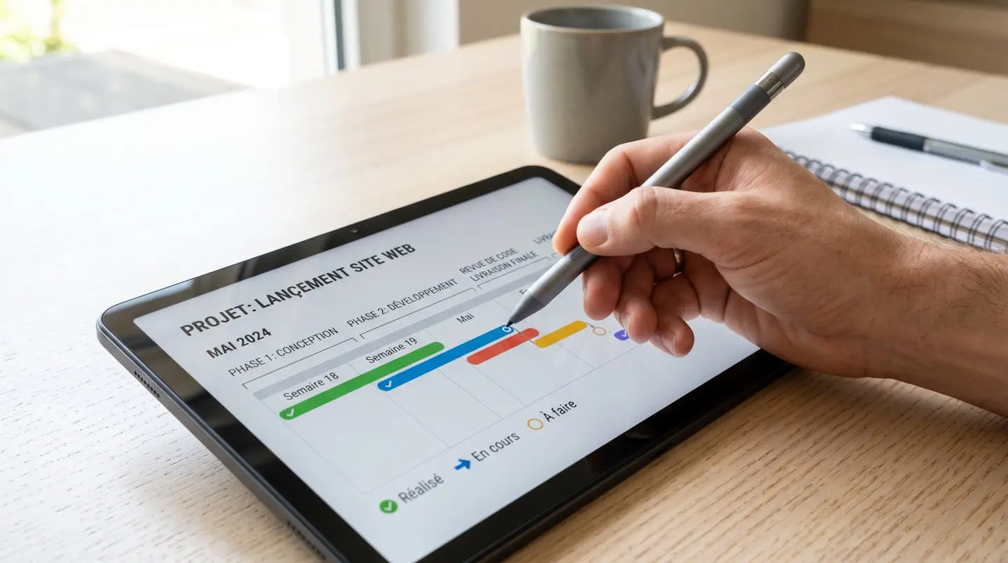 Gros plan sur une main tenant un stylet au-dessus d'une tablette affichant un planning de projet coloré avec des barres de tâches