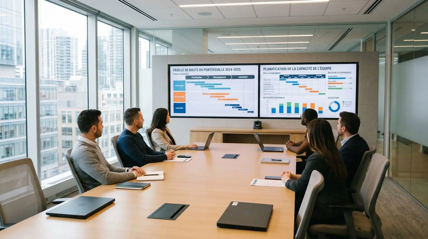 Vue d'une salle de réunion moderne avec un grand écran mural affichant une roadmap de projets colorée et des graphiques de charge d'équipe, quatre personnes de dos observent l'écran
