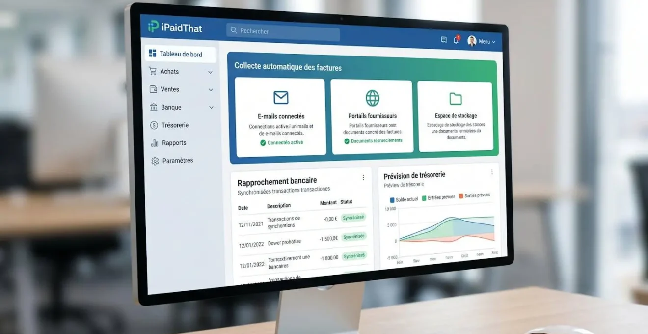 Capture d'écran de l'interface iPaidThat montrant le dashboard avec modules de collecte automatique de factures, rapprochement bancaire et prévisionnel de trésorerie, interface en français