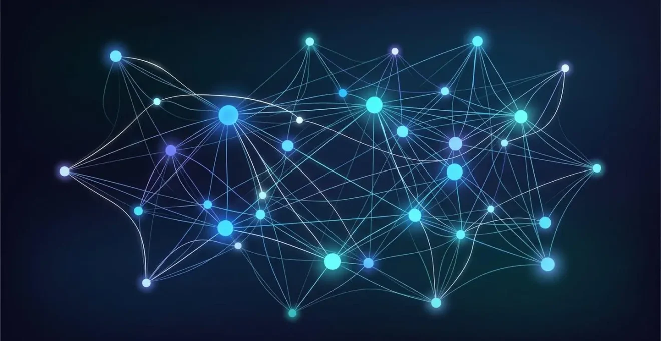 Constellation abstraite de points lumineux interconnectés symbolisant un écosystème logiciel intégré pour la gestion de flotte