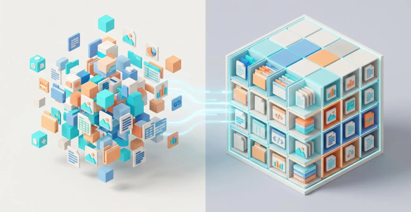 Illustration d'un flux de données produits transitant d'un état chaotique vers une organisation structurée via un système PIM