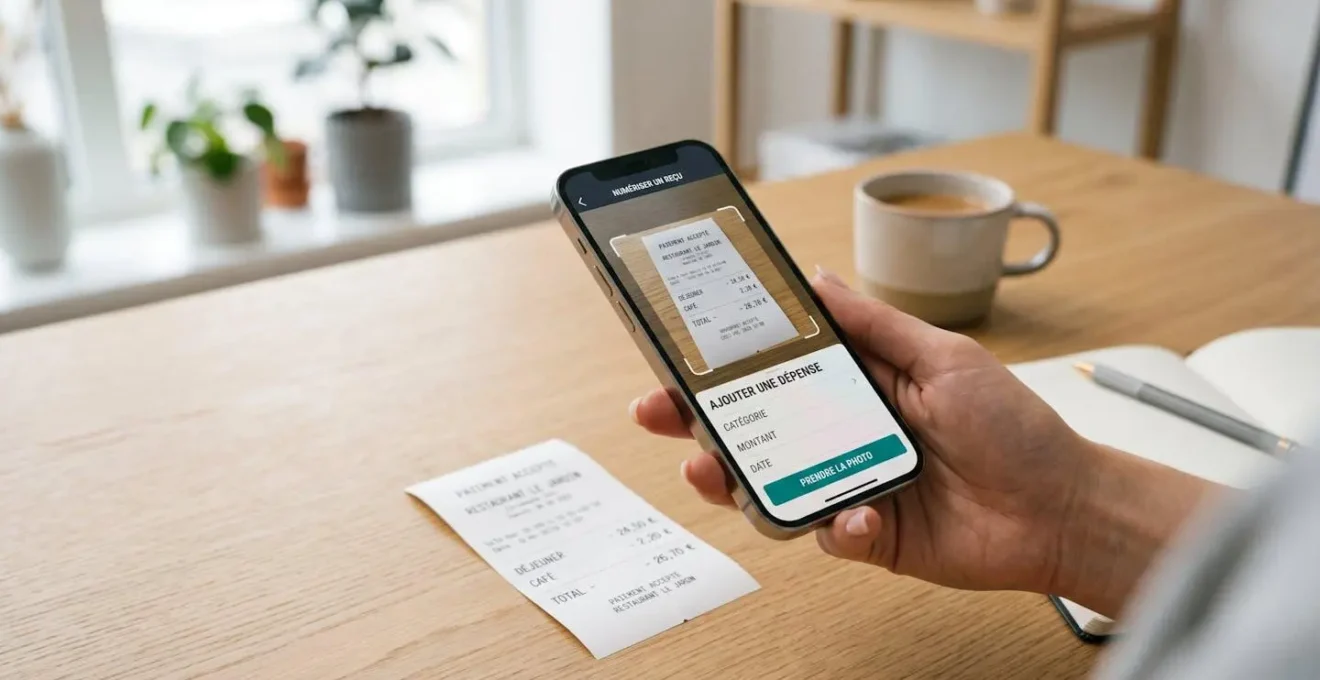 Main tenant un smartphone photographiant un ticket de caisse avec application mobile de gestion de notes de frais ouverte, interface en français visible à l'écran, surface de bureau blanche contemporaine