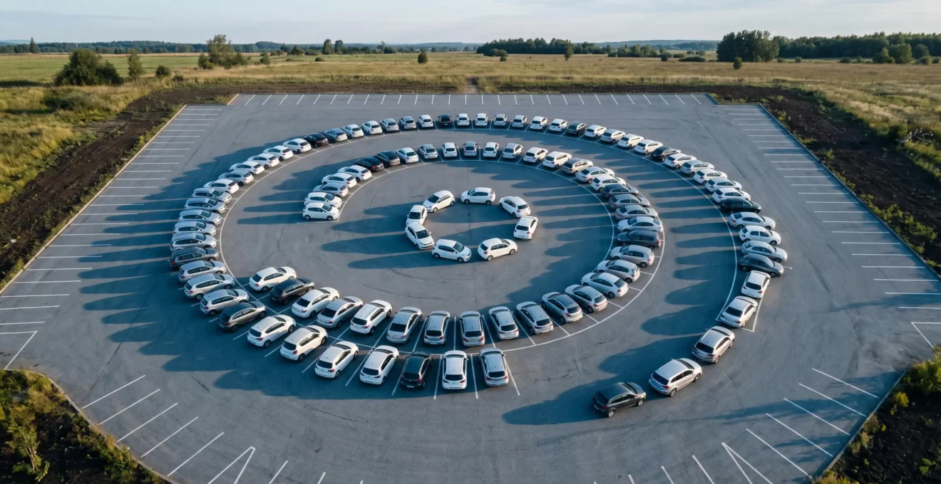 Vue aérienne d'un parking avec des véhicules disposés selon un motif géométrique harmonieux, évoquant l'organisation méthodique d'une flotte de location