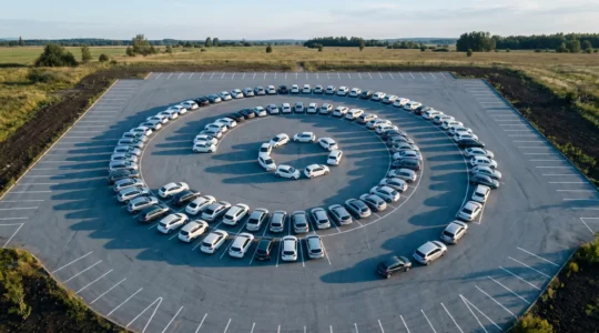 Vue aérienne d'un parking avec des véhicules disposés selon un motif géométrique harmonieux, évoquant l'organisation méthodique d'une flotte de location