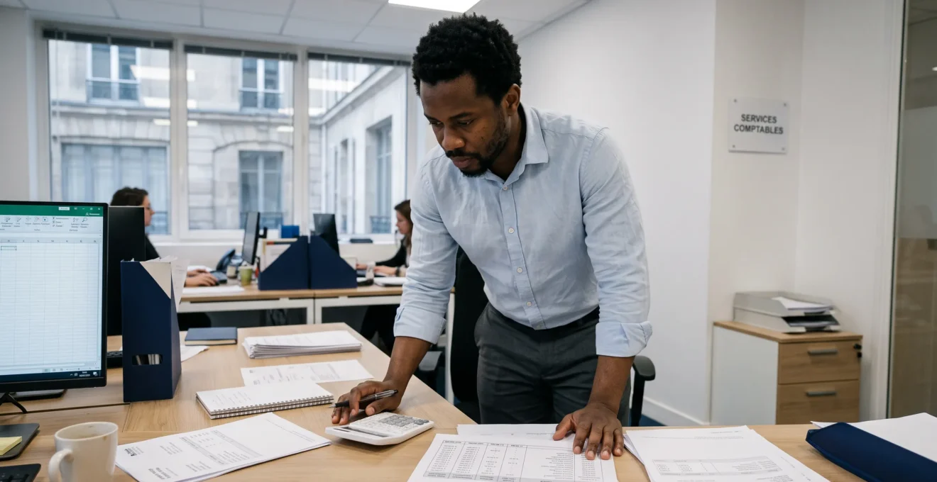 Assistant comptable analysant une balance âgée des comptes clients et des factures sur son bureau de travail