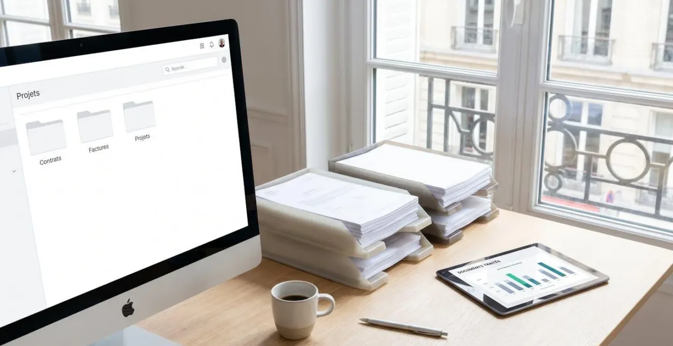 Bureau moderne avec écran affichant une interface de gestion documentaire, documents organisés et tablette montrant un tableau de bord