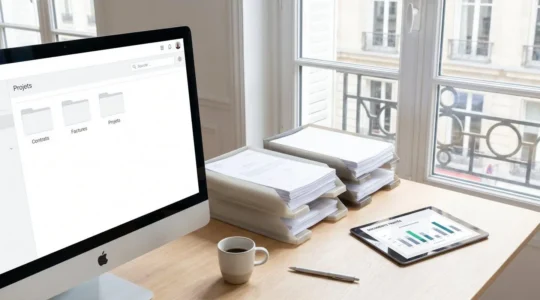 Bureau moderne avec écran affichant une interface de gestion documentaire, documents organisés et tablette montrant un tableau de bord
