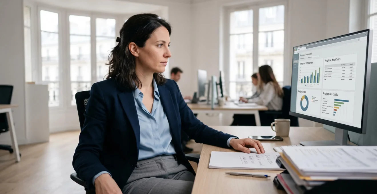 Directrice financière analysant un tableau de bord de suivi des encours clients sur ordinateur dans un bureau moderne lumineux