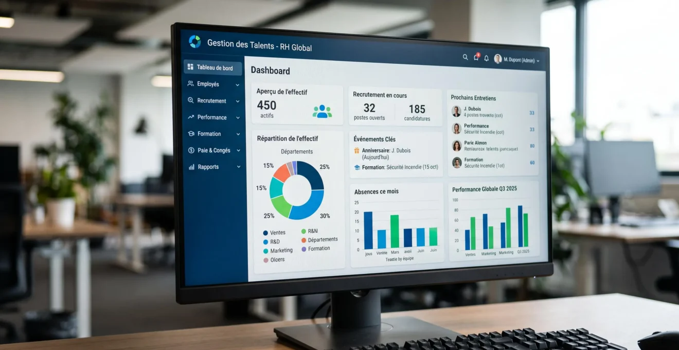 Gros plan sur écran d'ordinateur affichant interface de logiciel de gestion de la formation avec tableaux de bord et graphiques en français