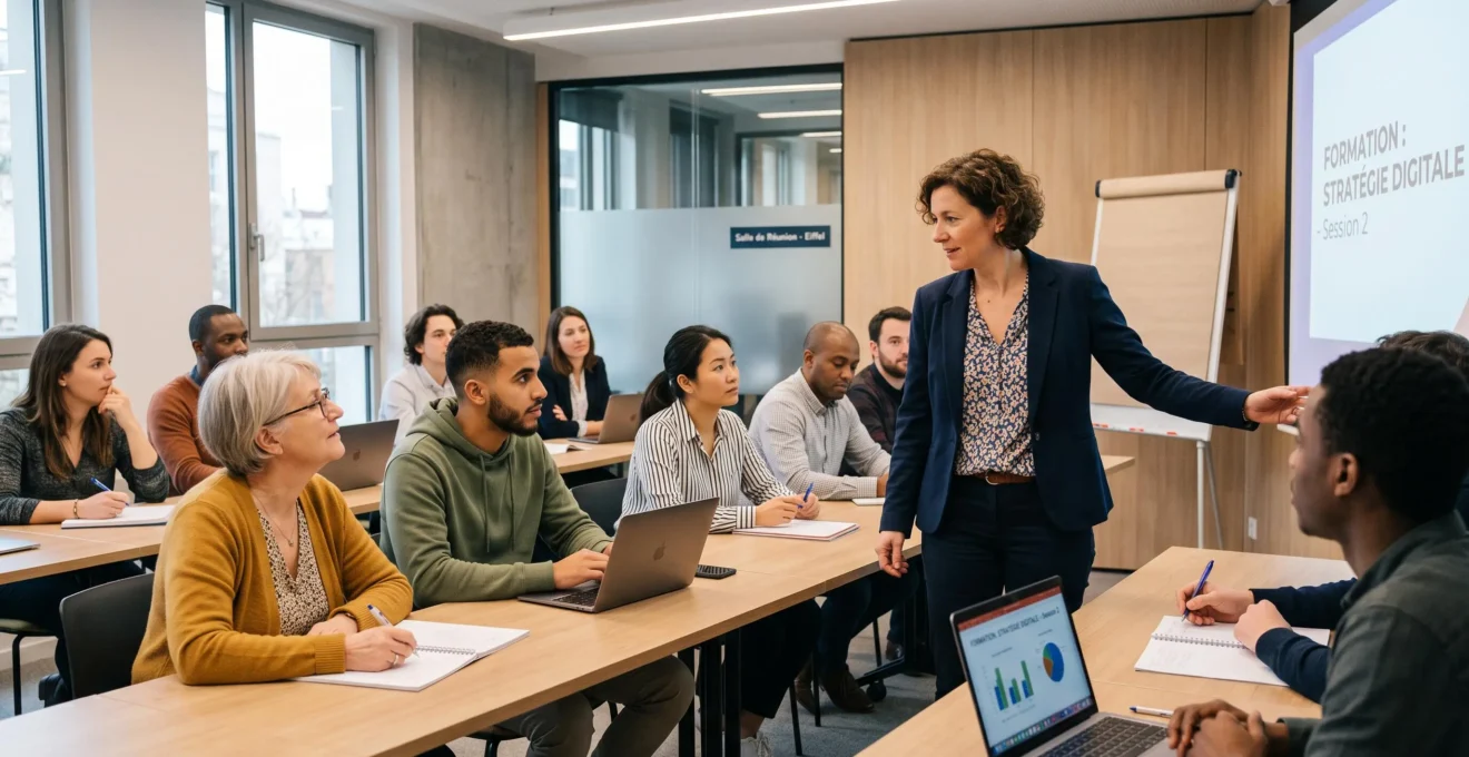 Groupe de collaborateurs diversifiés suivant une session de formation professionnelle dans une salle moderne avec formateur devant paperboard