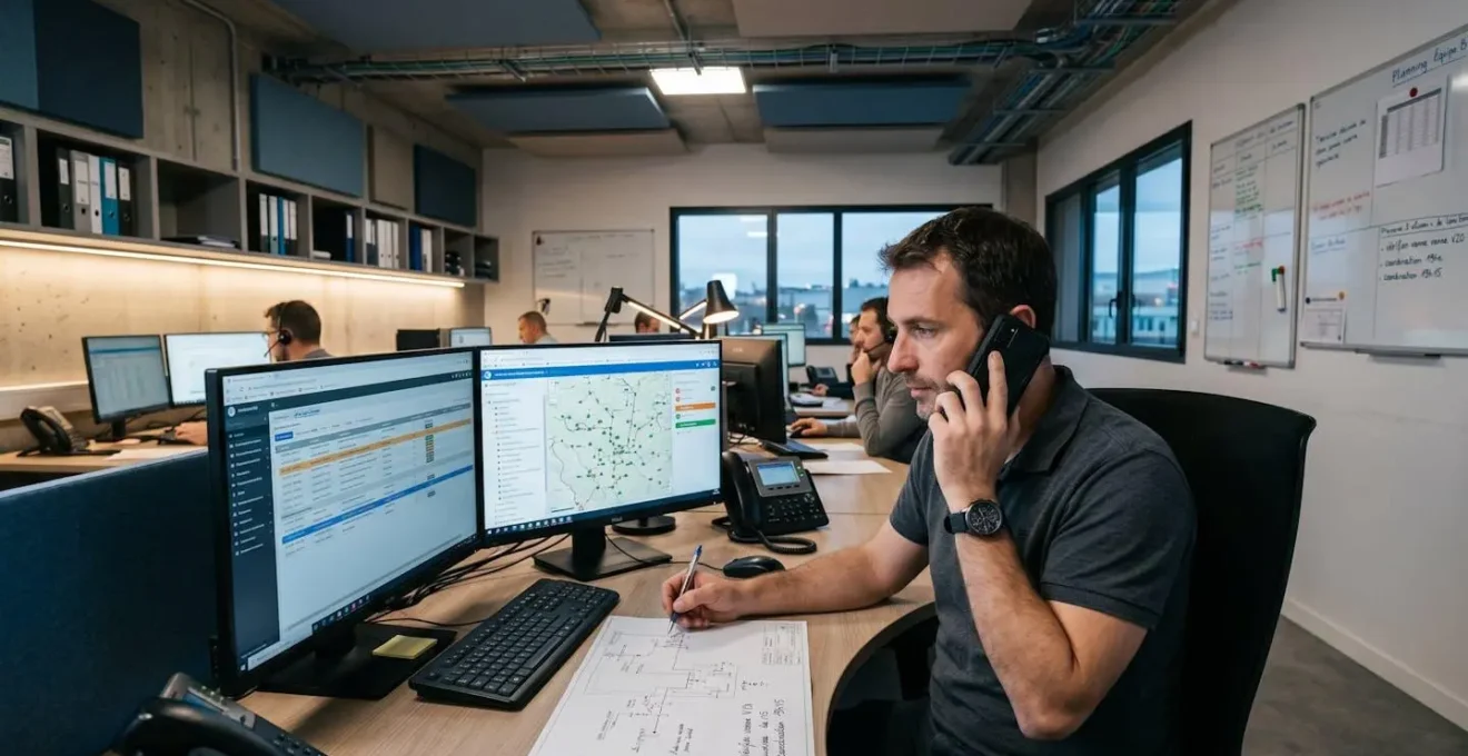 Responsable d'exploitation coordonnant des interventions terrain dans un bureau technique, consultant simultanément écrans de planification et téléphone, environnement professionnel secteur maintenance
