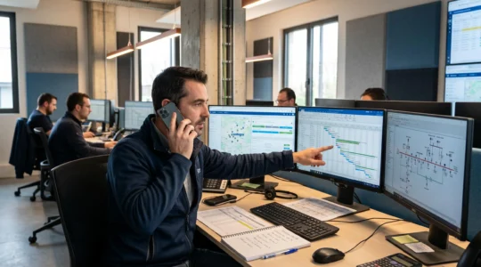 Responsable d'exploitation coordonnant des interventions terrain dans un bureau technique, consultant simultanément écrans de planification et téléphone, environnement professionnel secteur maintenance