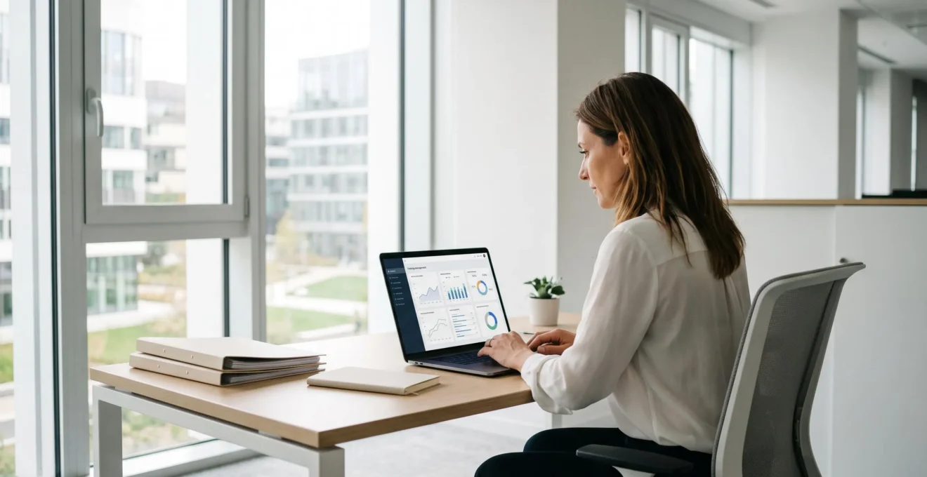Responsable formation consultant un tableau de bord de gestion de la formation sur son ordinateur portable dans un bureau moderne lumineux avec baie vitrée