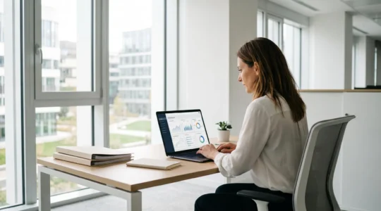 Responsable formation consultant un tableau de bord de gestion de la formation sur son ordinateur portable dans un bureau moderne lumineux avec baie vitrée