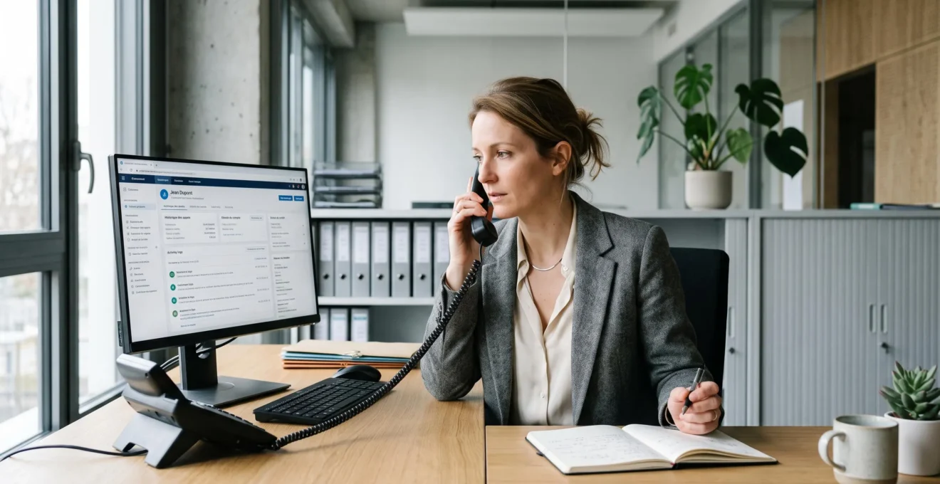 Responsable recouvrement effectuant une relance client par téléphone tout en consultant le dossier sur écran