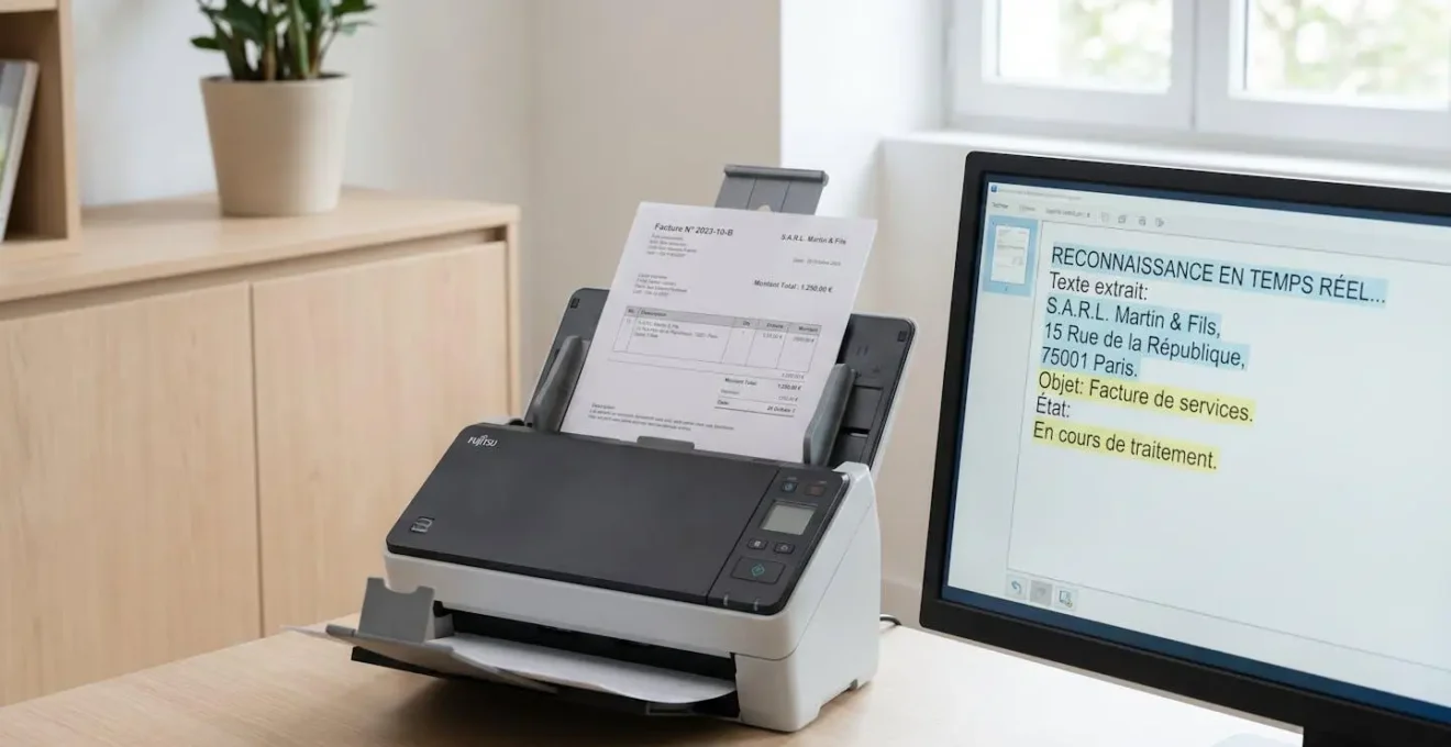 Scanner professionnel traitant des documents avec affichage de la reconnaissance de texte automatique sur l'écran
