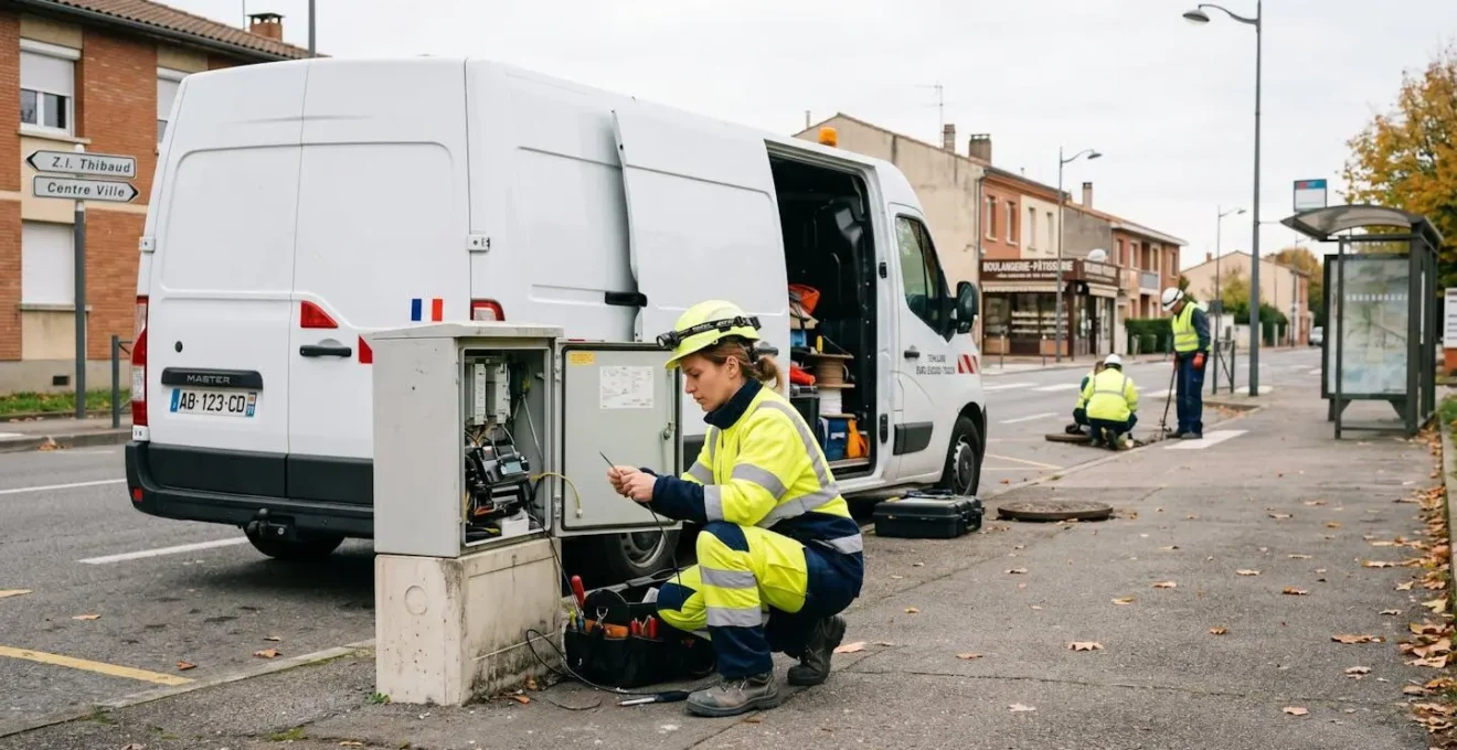 Technicien de maintenance en intervention terrain près de son véhicule utilitaire avec équipement technique, environnement urbain français typique du secteur télécom ou énergie