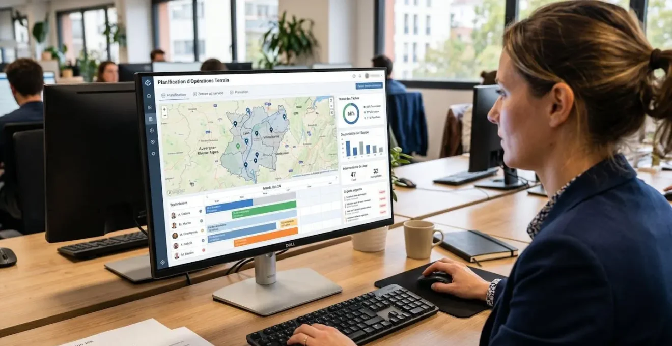 Utilisateur consultant une interface de logiciel de planification terrain sur ordinateur, écran affichant carte géographique avec interventions et planning coloré, bureau professionnel moderne