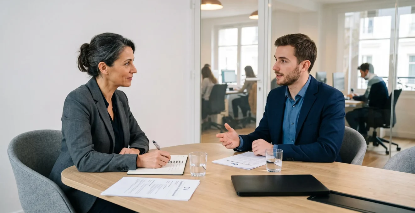 Entretien de recrutement en cours entre un recruteur et un candidat dans une salle de réunion moderne