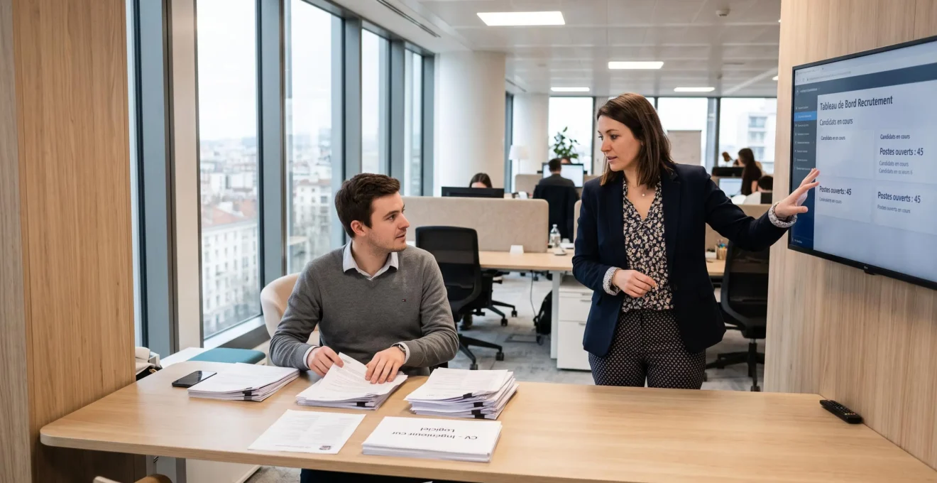 Équipe de recruteurs collaborant dans un bureau moderne pendant une période de forte activité de recrutement