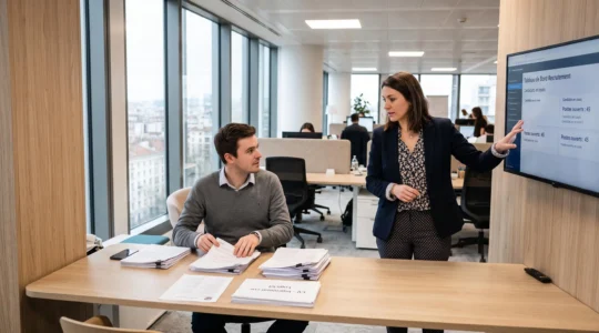 Équipe de recruteurs collaborant dans un bureau moderne pendant une période de forte activité de recrutement