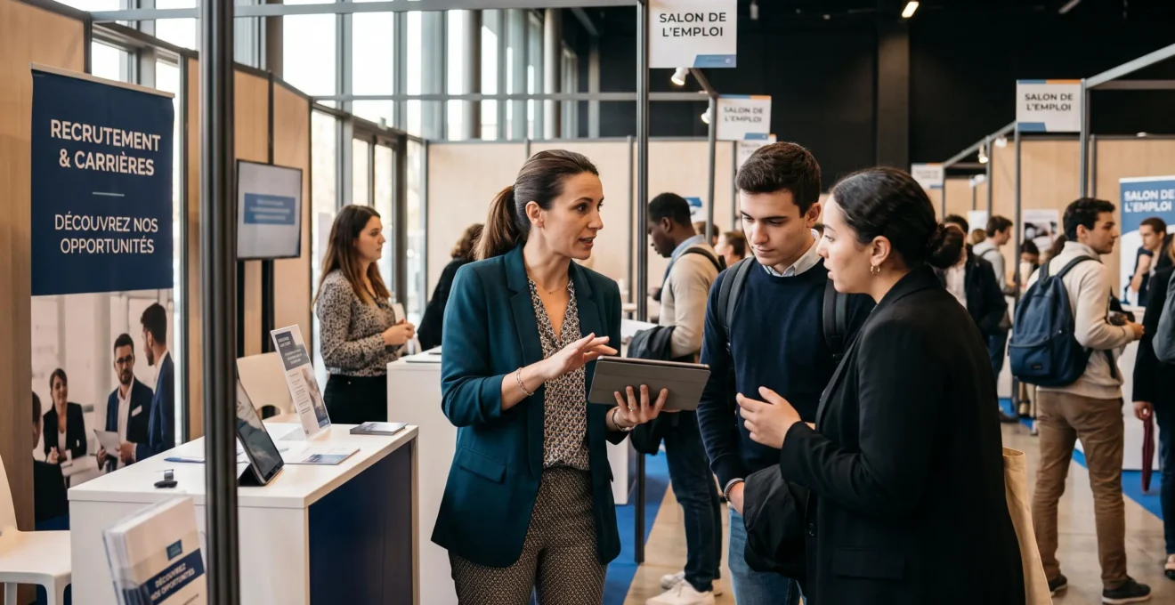 Recruteur échangeant avec des candidats lors d'un salon de l'emploi ou événement de recrutement